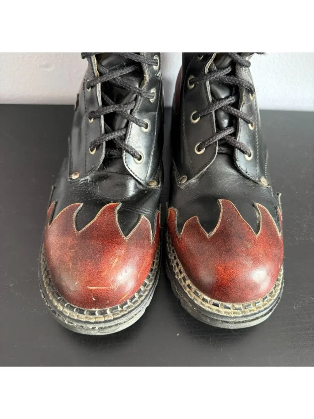 Vintage 90s Smack Leather Lace Up Boots Mens Size 10 Flame Patchwork Moto Goth